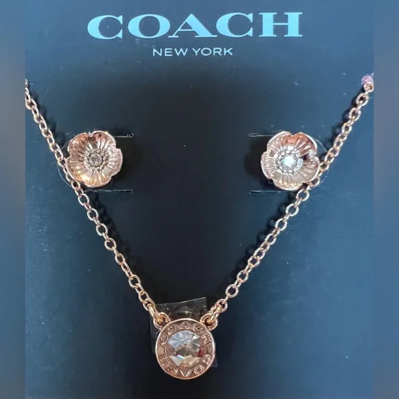 NEW Coach Open Circle Rose Gold Necklace Tea Rose Stud Earrings Set - Picture 4 of 9